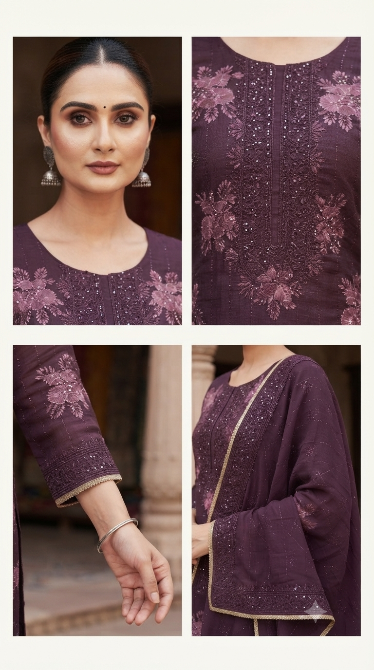 Thread embroidery Neck & Daman work jaam cotton suit