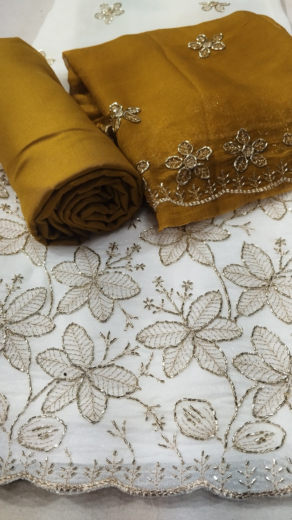 Trending White Crunchy Beads Work Suit with mustard Rayon Bottom