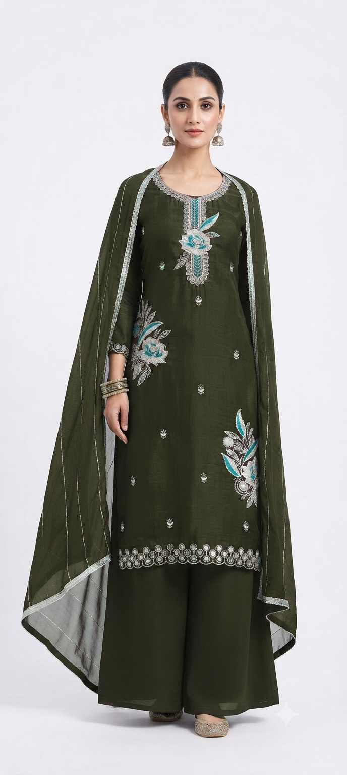 Trending Mehndi Fendy Top with Beads & Zarkan Work, Rayon Bottom & Chiffon Work Dupatta