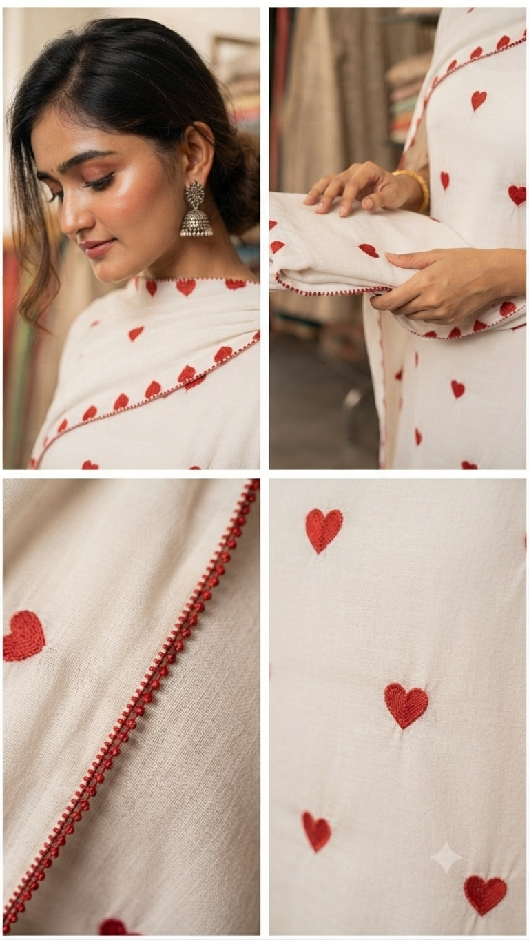 Heart shape white red combination suit with thread embroidery.