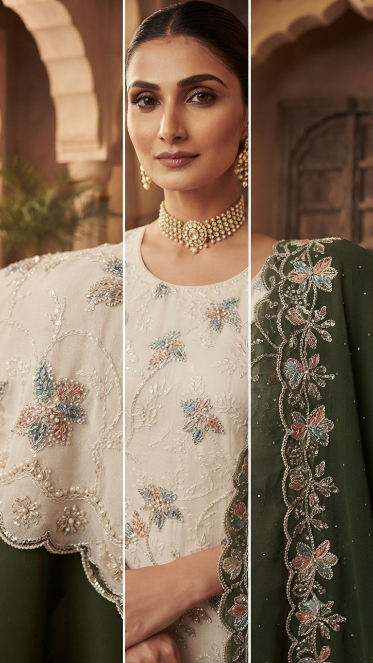 Traditional White & Mehndi Green Embroidered Palazzos Suit Set
