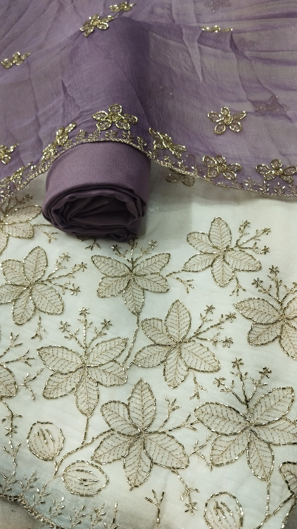 Trending White Crunchy Beads Work Suit with purple Rayon Bottom