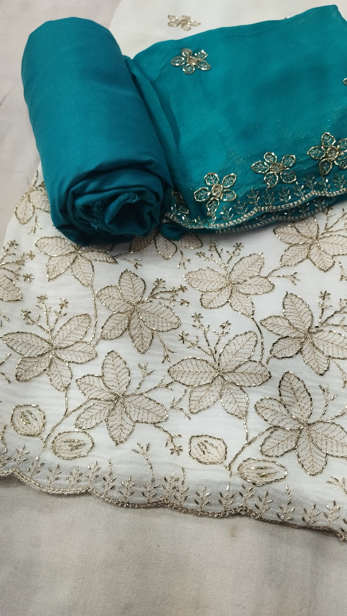 Trending White Crunchy Beads Work Suit with sky blue Rayon Bottom