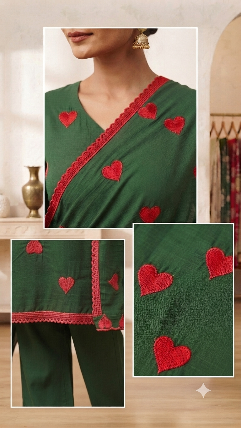 Emerald Green Heart-Embroidered Rayon Suit