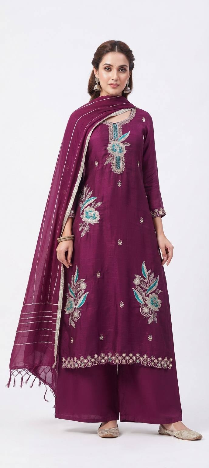 Trending jamuni Fendy Top with Beads & Zarkan Work, Rayon Bottom & Chiffon Work Dupatta