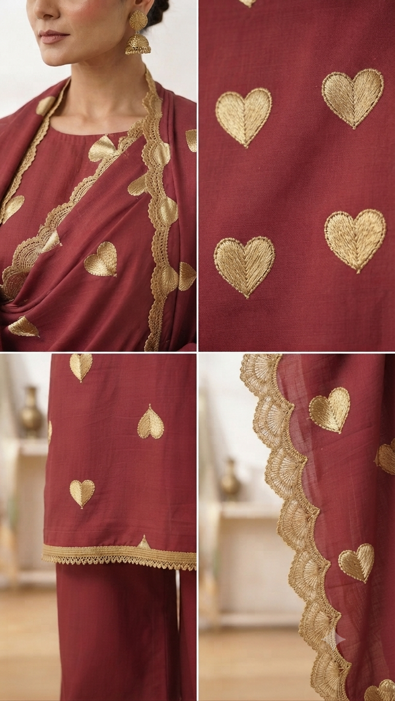 Maroon Heart-Embroidered Rayon Suit