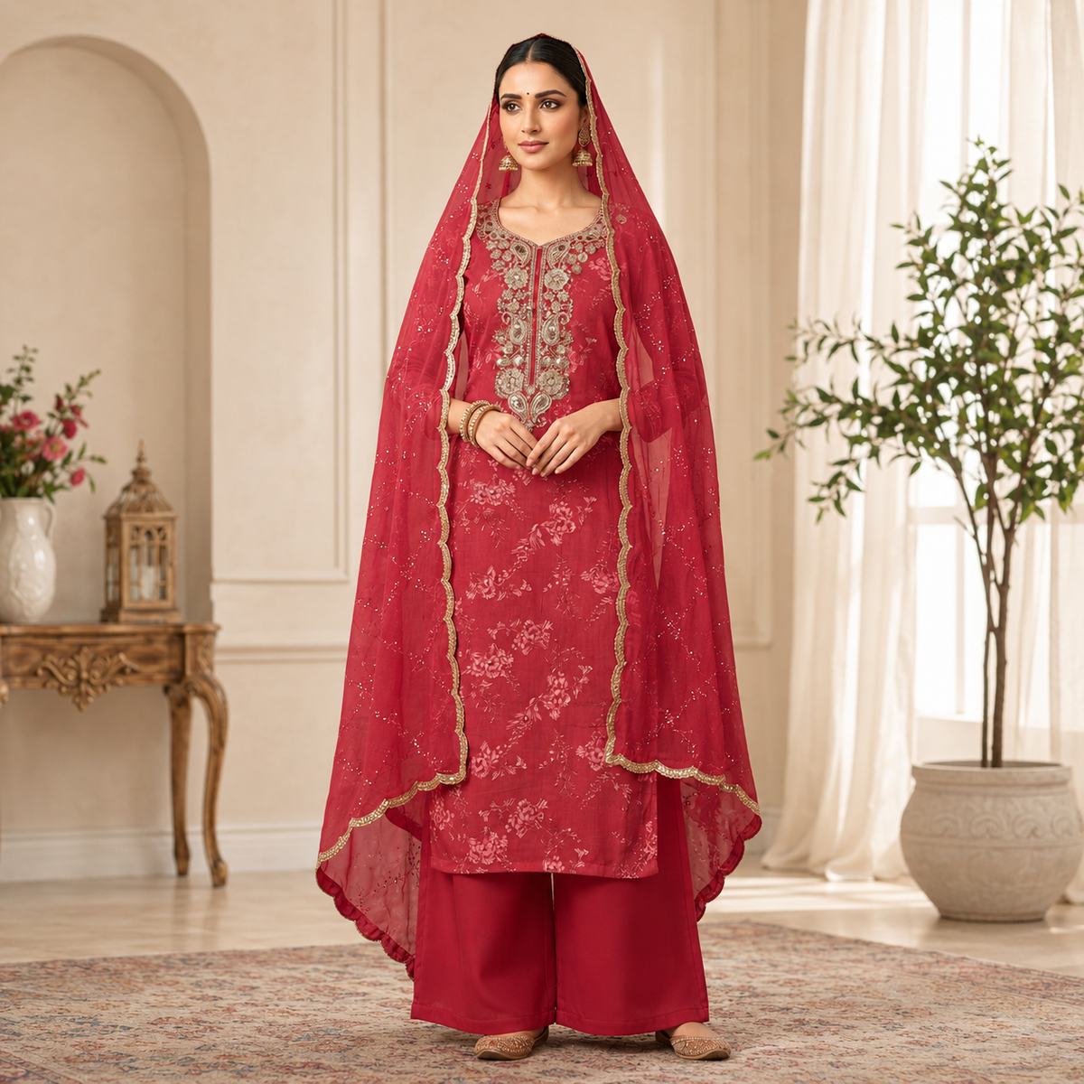 Handwork Jaam Cotton Suit with shiffon Embroidery  Dupatta