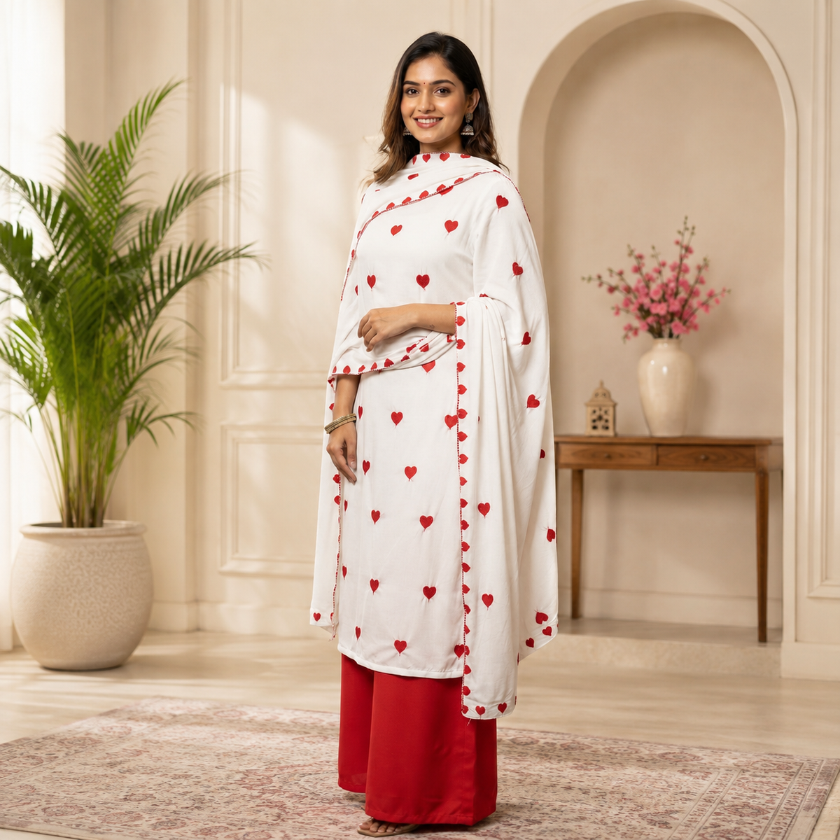 Heart shape white red combination suit with thread embroidery.