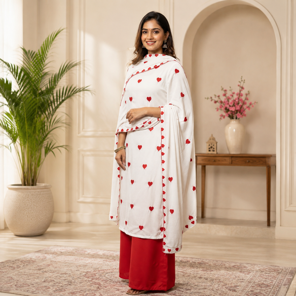 Heart shape white red combination suit with thread embroidery.