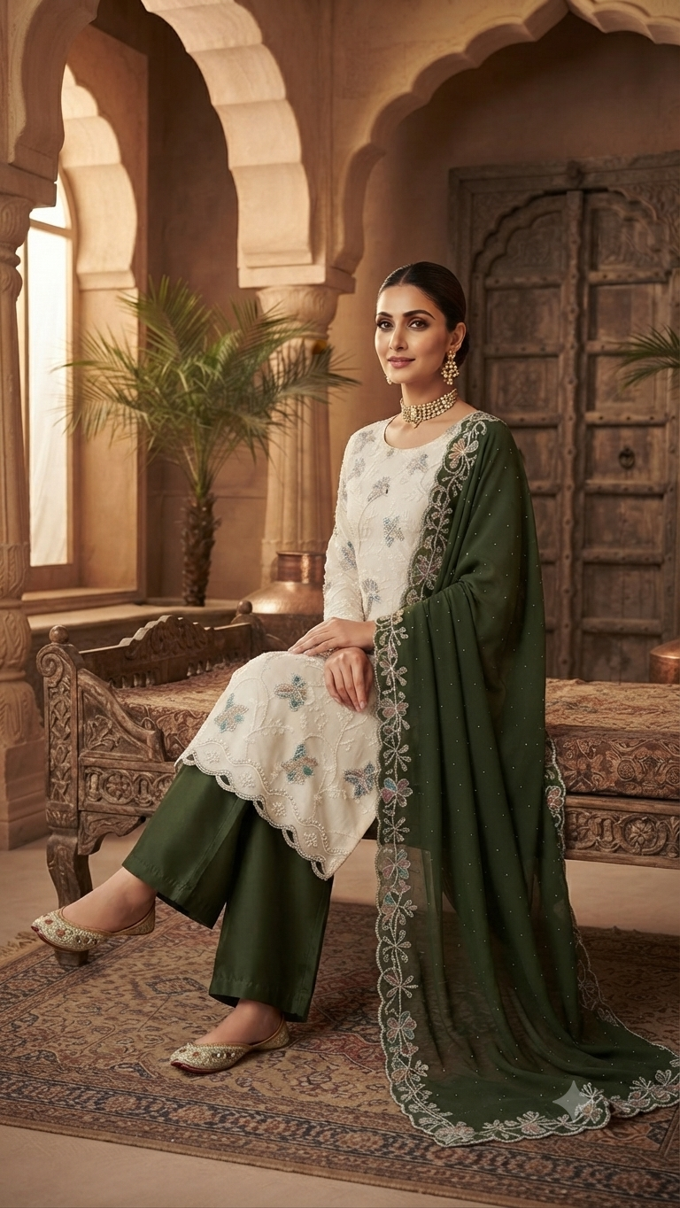 Traditional White & Mehndi Green Embroidered Palazzos Suit Set
