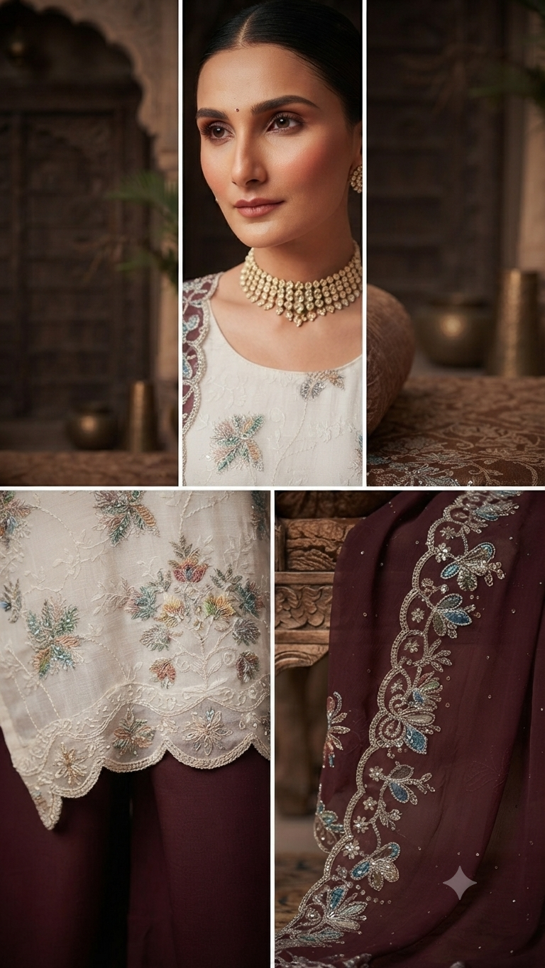 Elegance White & Deep Maroon Embroidered Palazzos Suit Set