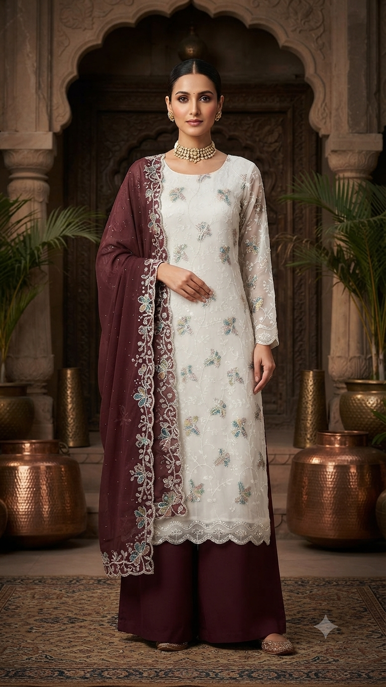 Elegance White & Deep Maroon Embroidered Palazzos Suit Set
