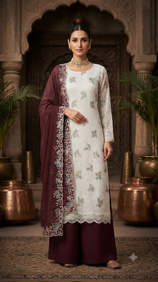 Elegance White & Deep Maroon Embroidered Palazzos Suit Set