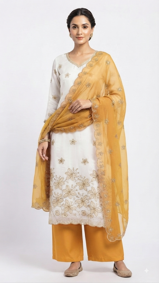 Trending White Crunchy Beads Work Suit with mustard Rayon Bottom