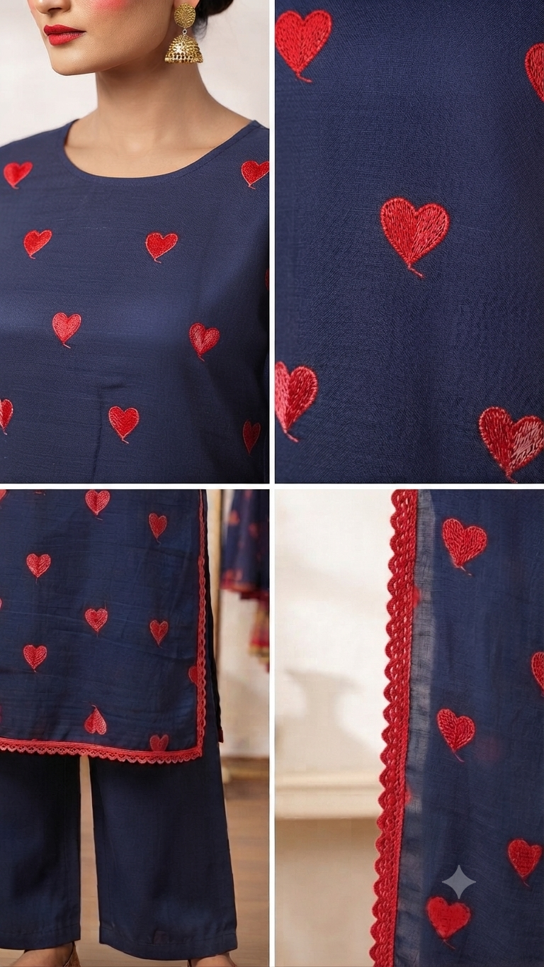 Elegant Navy Blue Rayon Embroidered Suit Set