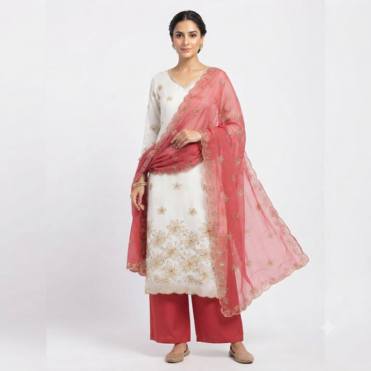 Trending White Crunchy Beads Work Suit with Pink Rayon Bottom
