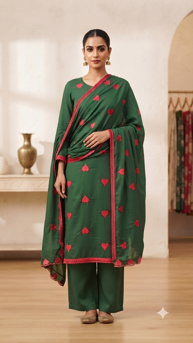Emerald Green Heart-Embroidered Rayon Suit
