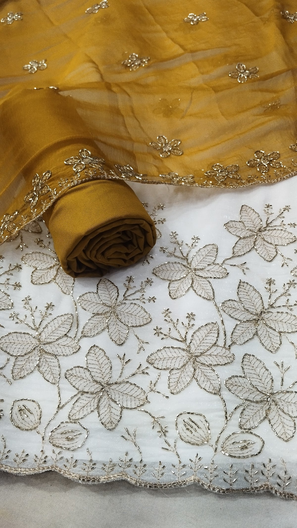 Trending White Crunchy Beads Work Suit with mustard Rayon Bottom