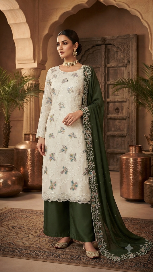 Traditional White & Mehndi Green Embroidered Palazzos Suit Set