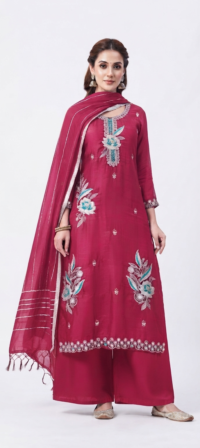 Trending Raani Fendy Top with Beads & Zarkan Work, Rayon Bottom & Chiffon Work Dupatta