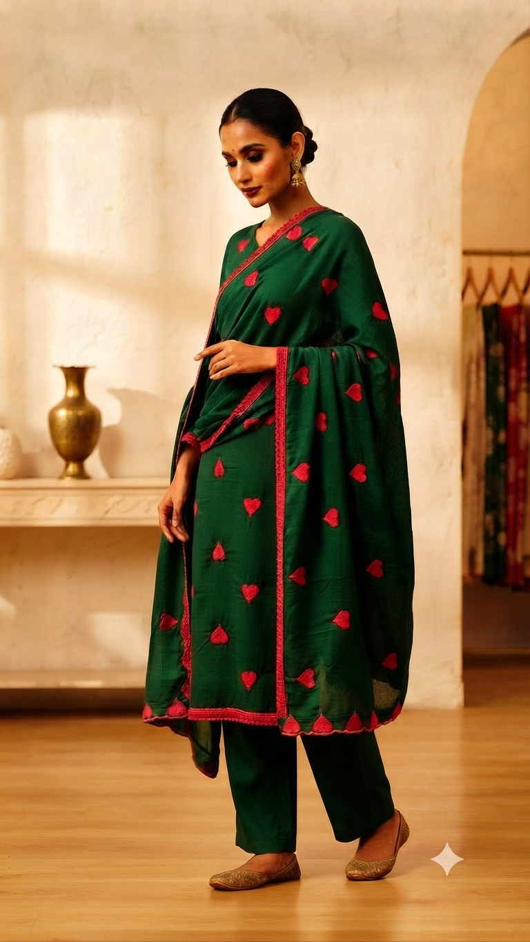 Emerald Green Heart-Embroidered Rayon Suit