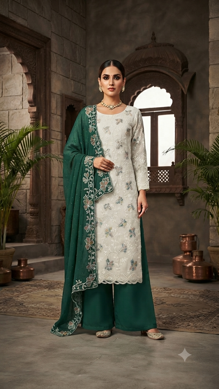 Regal White & Emerald Green Embroidered Palazzos Suit Set