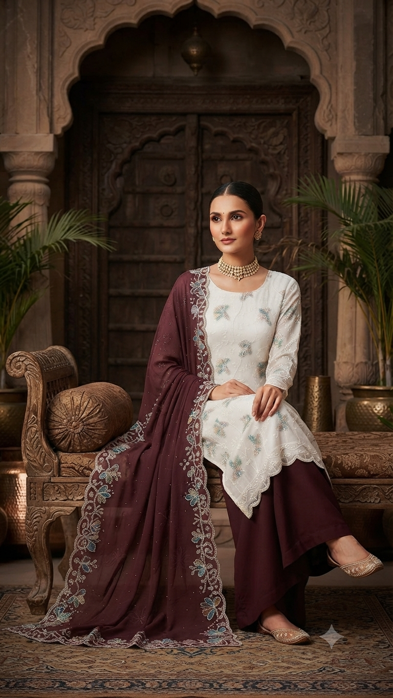 Elegance White & Deep Maroon Embroidered Palazzos Suit Set