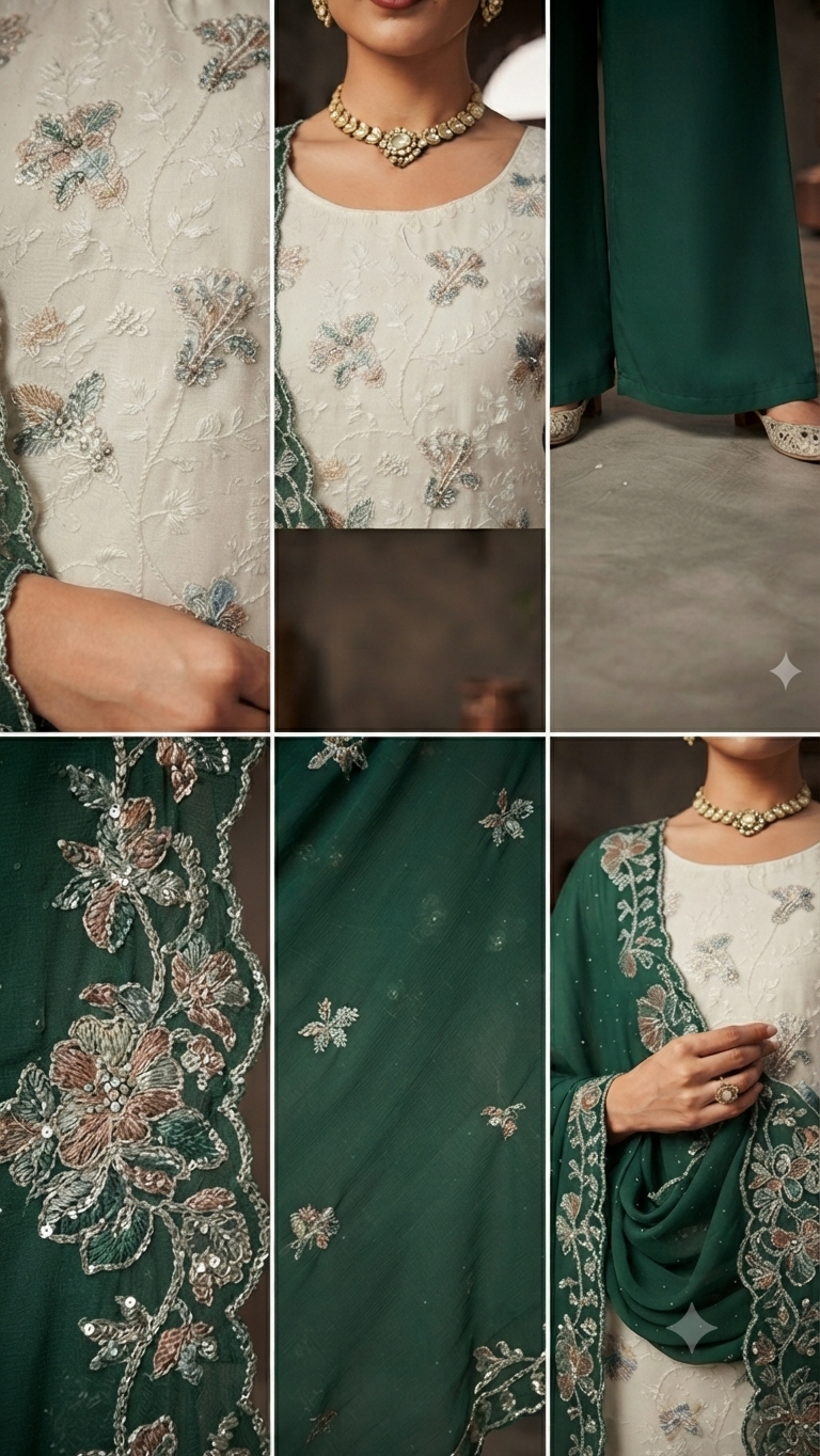 Regal White & Emerald Green Embroidered Palazzos Suit Set