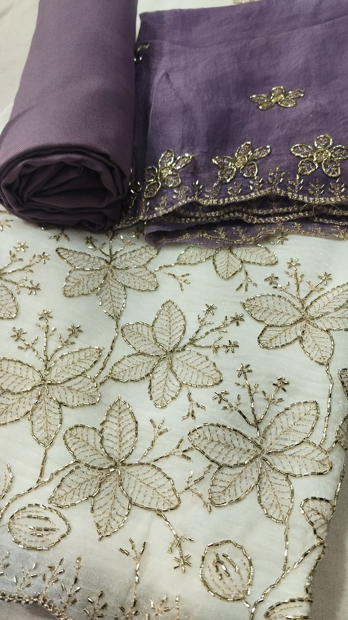 Trending White Crunchy Beads Work Suit with purple Rayon Bottom