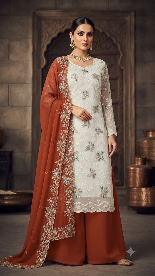 Vibrant White & Rust Orange Embroidered Palazzos Suit Set