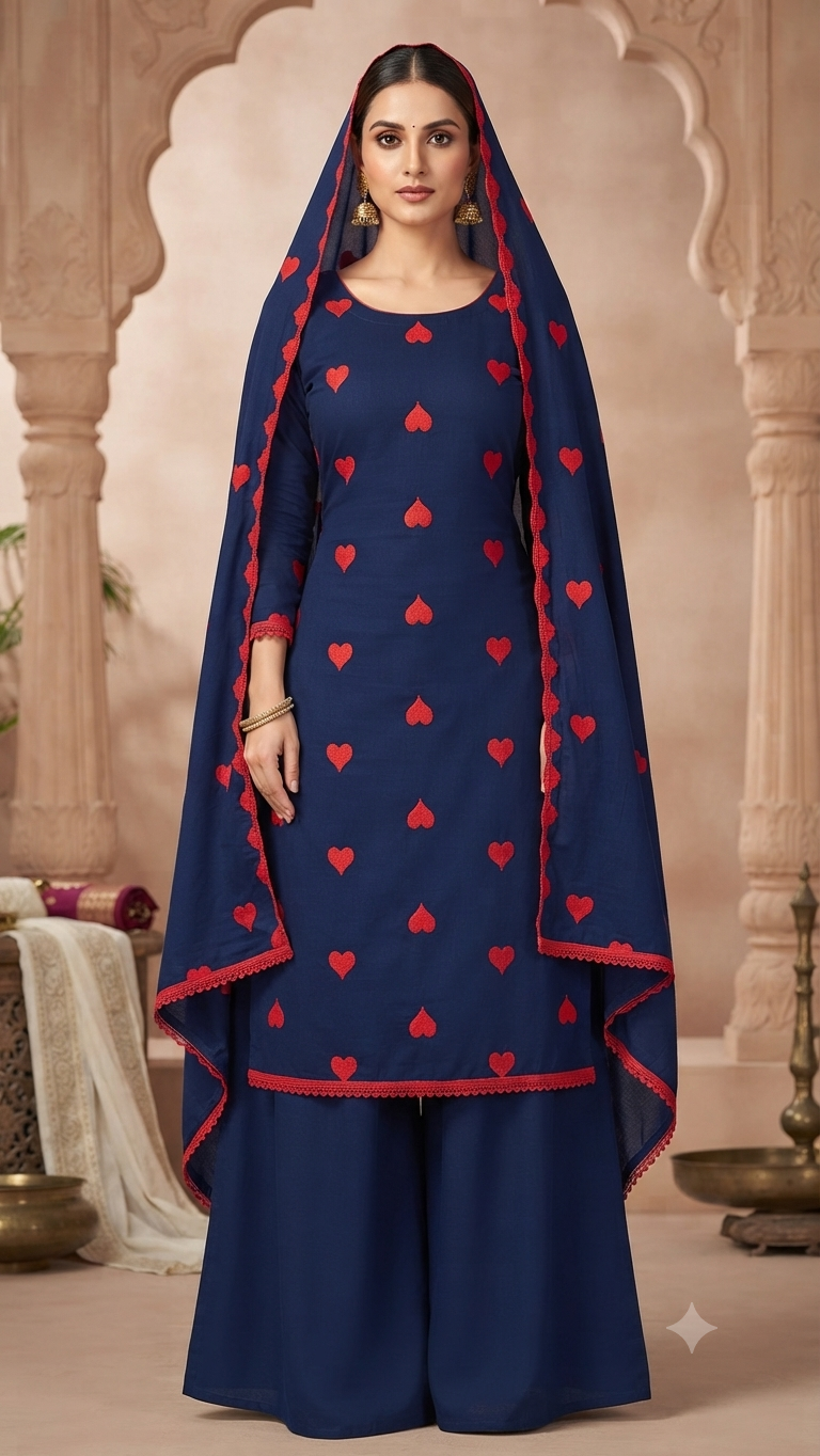 Elegant Navy Blue Rayon Embroidered Suit Set