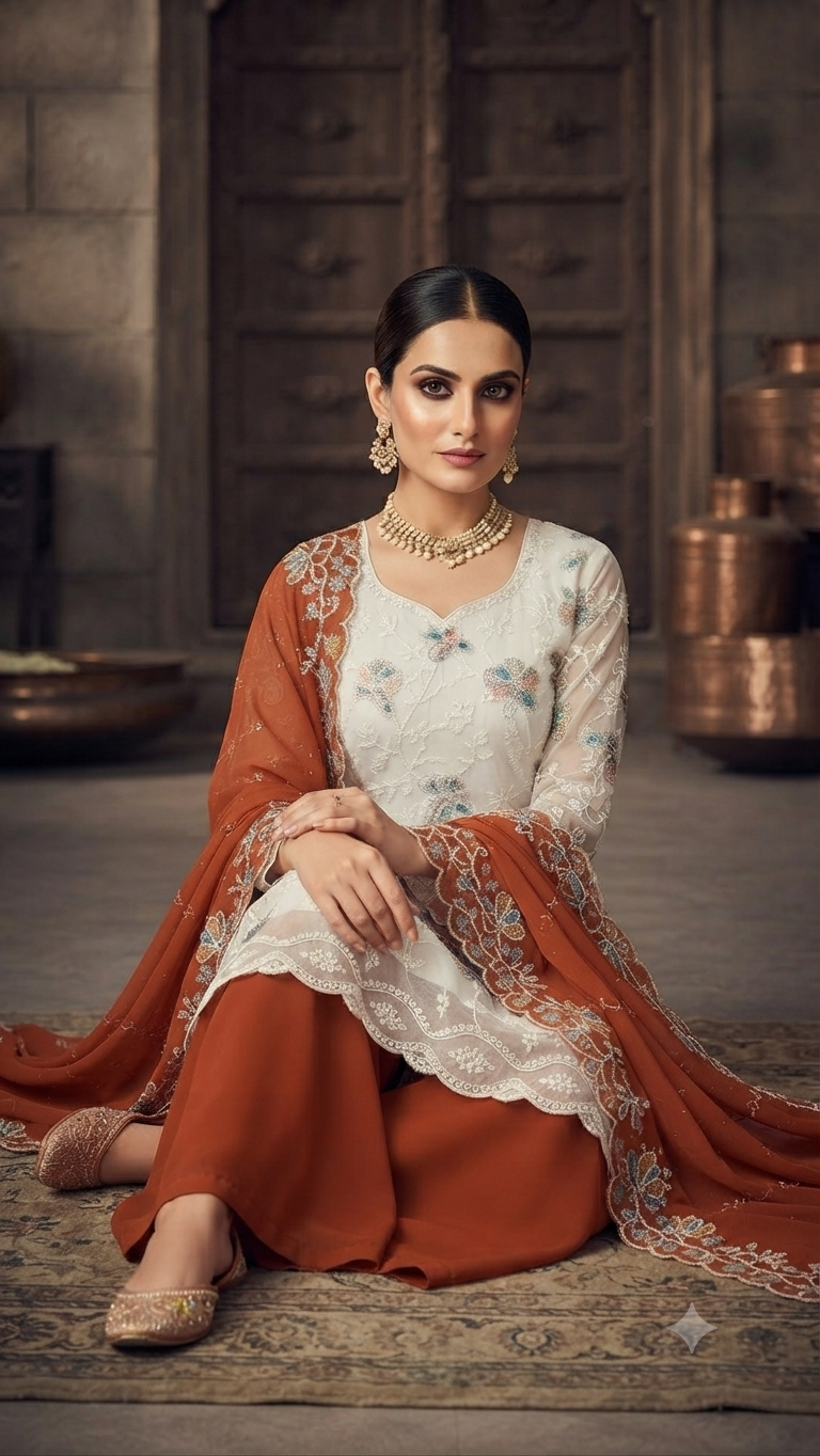 Vibrant White & Rust Orange Embroidered Palazzos Suit Set