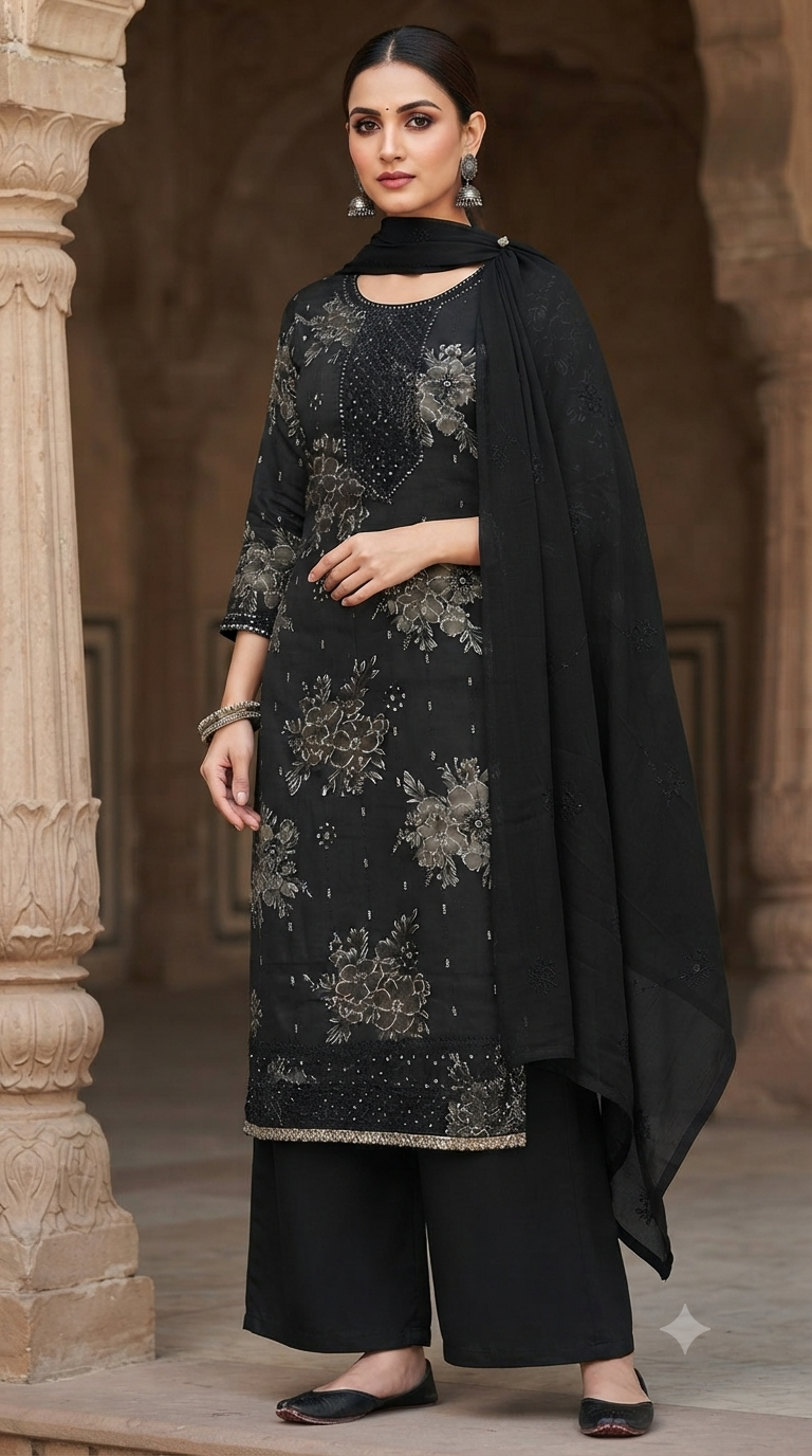 Thread embroidery Neck & Daman work jaam cotton suit