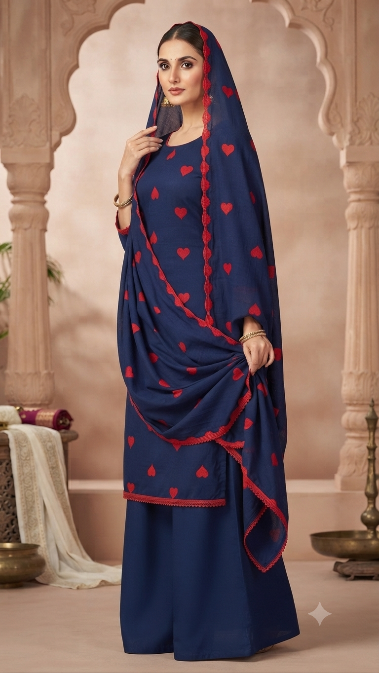Elegant Navy Blue Rayon Embroidered Suit Set