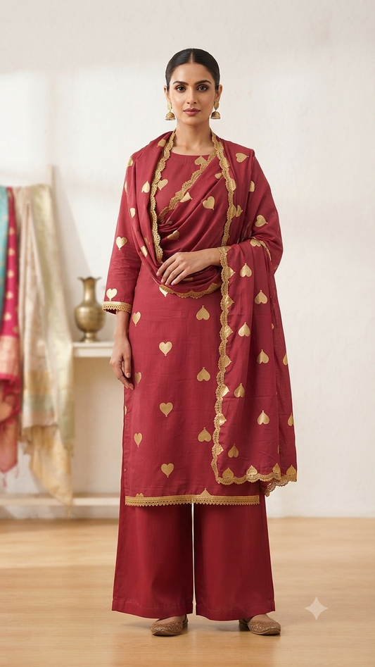Maroon Heart-Embroidered Rayon Suit