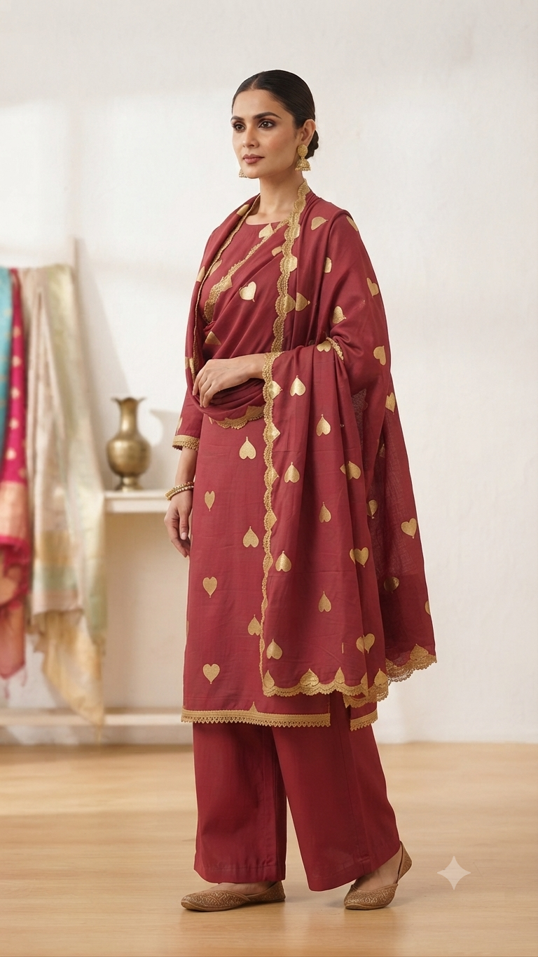 Maroon Heart-Embroidered Rayon Suit