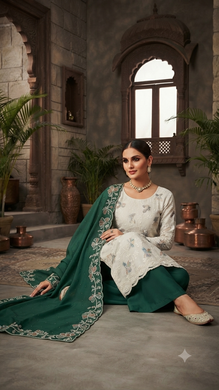 Regal White & Emerald Green Embroidered Palazzos Suit Set