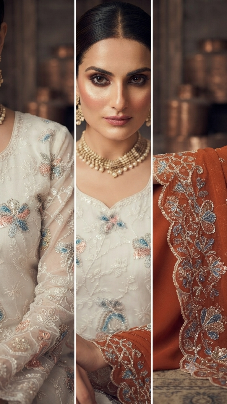 Vibrant White & Rust Orange Embroidered Palazzos Suit Set