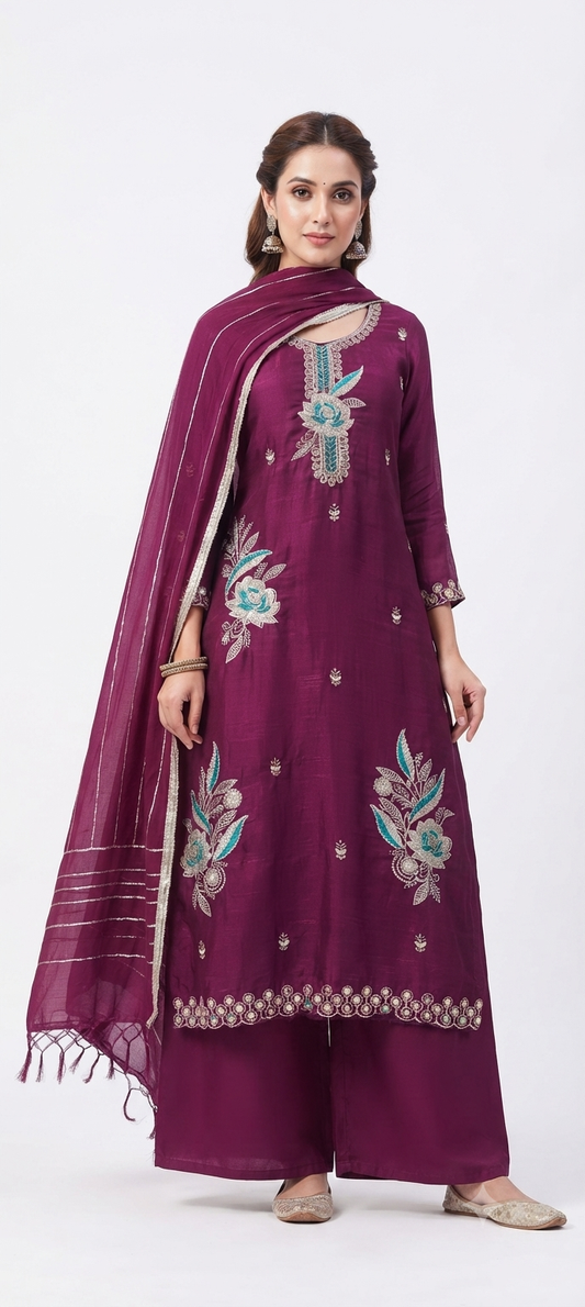 Trending jamuni Fendy Top with Beads & Zarkan Work, Rayon Bottom & Chiffon Work Dupatta